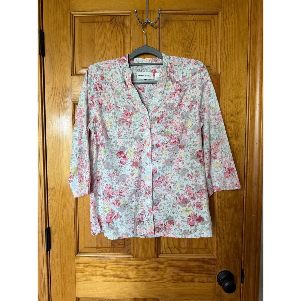 Alfred Dunner Floral Burnout Blouse Pink Green 3/4 Sleeve Button Up Womens 10